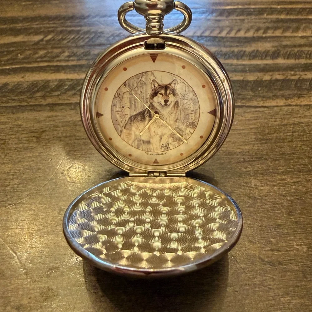 Wolf Illustration Silver Pocket Watch